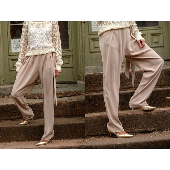 ELLEN TRACY Beige Dress Pants Womens 10 Pleated Side Tie Neutral Dressy Casual